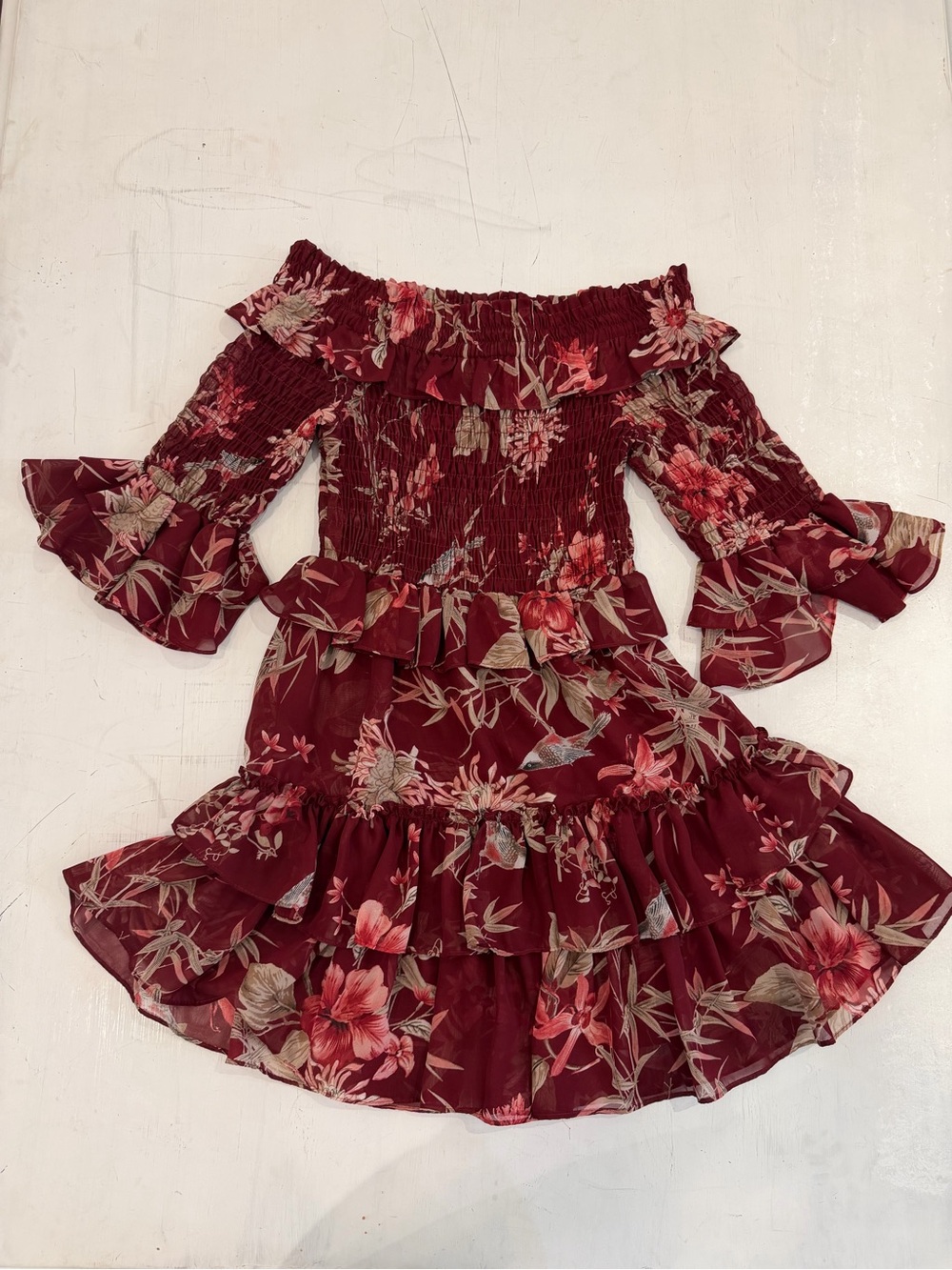 Misa Los Angeles Burgundy Floral Off-Shoulder Ruffle Dress